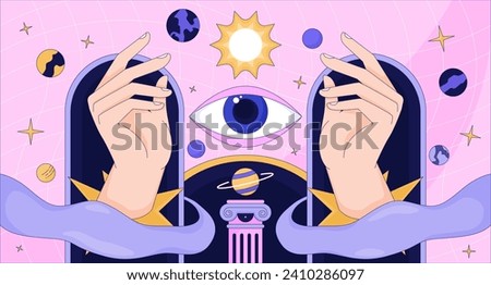 Magic fortune astronomy lofi wallpaper. Esoteric astrology 2D cartoon flat illustration. All seeing eye, cosmic planets. Divination. Dreamy vibes chill vector art, lo fi aesthetic colorful background