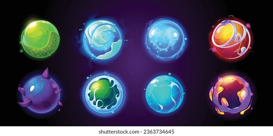 Magic fortune ball with light energy glow vector. Mystery future teller cartoon icon set. Magician fantasy clairvoyant globe with fire power. Reading prophecy prediction witchcraft game illustration.