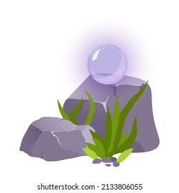 La bola mágica de cristal en la piedra. Atributo de brujería de dibujos animados. Ilustración vectorial en el fondo blanco.