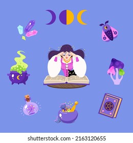 Magic and fortune telling concept. Cartoon illustrations of a beautiful witch reading a spell book with her black cat and magic accessories on a purple background. Vector 10 EPS.