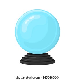 Magic fortune telling crystal ball isolated on white background. Blue sphere on black stand. Cartoon style. Vector illustration for any design.