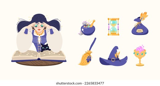 Magic and fortune telling set. Cartoon illustrations of a beautiful witch reading a spell book with her black cat and collection of magic accessories. Vector 10 EPS.