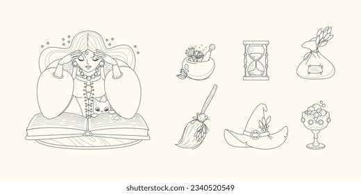 Magic and fortune telling set. Monochrome illustrations of a beautiful witch reading a spell book with her black cat and a collection of magic accessories. Vector 10 EPS.

