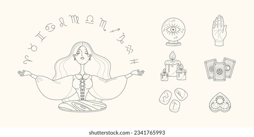 Magic and fortune telling set. Monochrome illustration of a beautiful girl with raising hands telling the future by seeing zodiac signs and a collection of magic accessories. Vector 10 EPS.