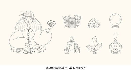 Mágica y adivinanzas. Ilustraciones monocromas de una hermosa muchacha leyendo el futuro viendo tarjetas y una colección de accesorios mágicos. Vector 10 EPS.