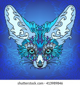 Magic fox print for fabric. Vector illustration of a beautiful fox. The head of the animal intricate design. Azure print head fox Fenech.