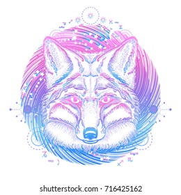 Magic fox tattoo. Symbol of a travel, freedom, tourism. Ethnic style t-shirt design 