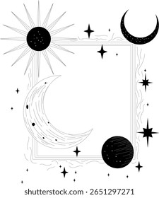 Magic frame with celestial stars, sun and moon. Vector illustration for astrology, mysticism and spirituality.