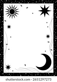 Magic frame with celestial stars, sun and moon. Vector illustration for astrology, mysticism and spirituality.