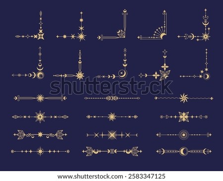 Magic frame corners. Tarot card abstract boho mystic decorative elements for card border, vintage witchcraft framing, astrology celestial constellation borders. Vector set.