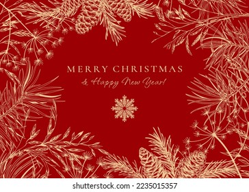 Magic frame with fir and pine branches, cones, dried grasses. Holiday botanical illustration. Vector christmas card. Red background and golden pattern. Sketch. 