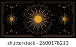 Magic frame. Mystic background with star, fantasy moon. Astrological celestial witchcraft. Esoteric border bohemian ornament. Vintage line gold symbols. Vector elegant horizontal background design