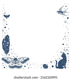 Magic frame vector background. Vintage moon border design. Esoteric star pattern with butterfly,  black cat, swallow. Illustration card.  Tarot flower celestial frame. Mystic astrology line white art