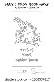 Magic frog bookmark vector for coloring, print, and cut out. Halloween cursed frog bookmark cartoon. 