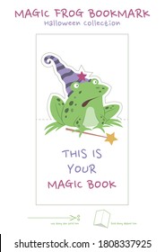 Magic frog bookmark vector for coloring, print, and cut out. Halloween cursed frog bookmark cartoon. 