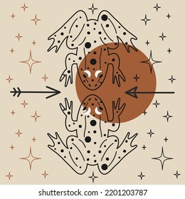 Magic frogs, arrows and stars. Mystical esoteric light witchcraft vector and image for print, unique illustration in boho style.