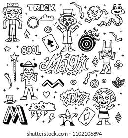 Magic Funny Doodle Set 1. Black And White Drawing. Vector Illustration.