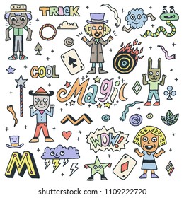 Magic Funny Doodle Set 1. Color Drawing. Vector Illustration.