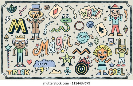 Magic Funny Doodle Set 1. Color Drawing. Vector Illustration. Texture Background.