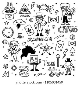 Magic Funny Doodle Set 2. Black And White Drawing. Vector Illustration.