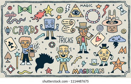 Magic Funny Doodle Set 2. Color Drawing. Vector Illustration. Texture Background.