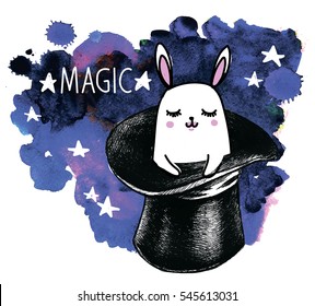 Magic. Funny print on a T-shirt, a postcard. Rabbit in the hat. Drawing by hand, a child's drawing.