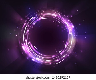 Magic futuristic circle portal with light energy glow effect for game ui design. Realistic 3d vector fantasy purple neon ring frame with luminous glitter and swirl motion. Space and time teleport.