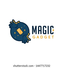 Magic gadget logo icon with open magician hand show and summon handphone vector illustration logo