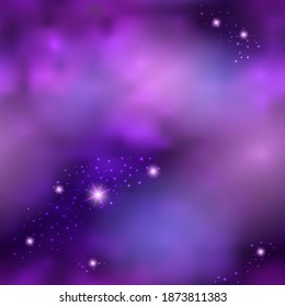Magic galaxy space with shiny nebula  star dust. Purple mysterious night sky, light flare and cloudy mist. Abstract background, vector illustration