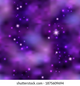 Magic galaxy space with shiny nebula  star dust. Purple mysterious night sky, light flare and cloudy mist. Abstract background, seamless cosmic pattern, vector illustration