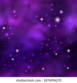 Magic galaxy space with shiny nebula  star dust. Purple mysterious night sky, light flare and cloudy mist. Abstract background, seamless cosmic pattern, vector illustration