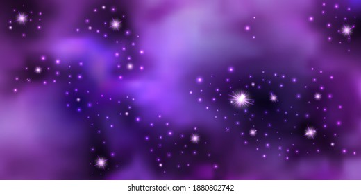 Magic galaxy space with shiny nebula  star dust. Purple mysterious night sky, light flare and cloudy mist. Abstract background, seamless cosmic pattern, vector illustration