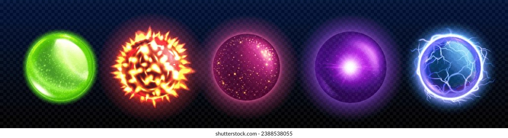 Magic game balls set isolated on transparent background. Vector realistic illustration of neon color energy balls with explosion, sparkling texture, fire sparkles, lightning bolts, round space objects