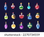 Magic game bottles. Chemistry potion. Alchemy jar or vial. Poison antidote elixir with cork for laboratory. Liquid substance in glass flasks. Luck and love drink. Vector tidy icons set