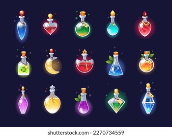 Magic game bottles. Chemistry potion. Alchemy jar or vial. Poison antidote elixir with cork for laboratory. Liquid substance in glass flasks. Luck and love drink. Vector tidy icons set