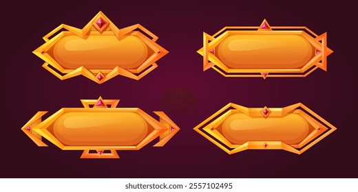 Magic game button set. Golden frames with geometric ornaments, pink gemstones, glossy metallic surface and decorative elements. Fantasy interface element, menu navigation or achievement rewards design