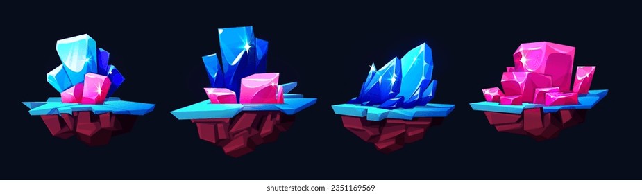 Magic game crystal floating stone island vector. Gemstone and diamond isolated cluster clipart illustration. Mineral ruby, sapphire and diamond gui element set. Jewelry platform on black background
