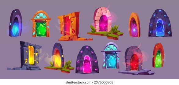 Magic game door with glowing portal. Cartoon vector illustration set of fantastic gates and frames with stone and wooden jambs and bright colorful luminous teleport entrance with steam and fog.