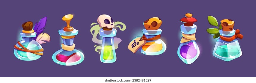 Magic game elixir potion bottle cartoon icon set. Medicine glass flask with poison ui vector illustration for rpg lab interface. Wizard alchemy glow object with skull 2d gui elements collection