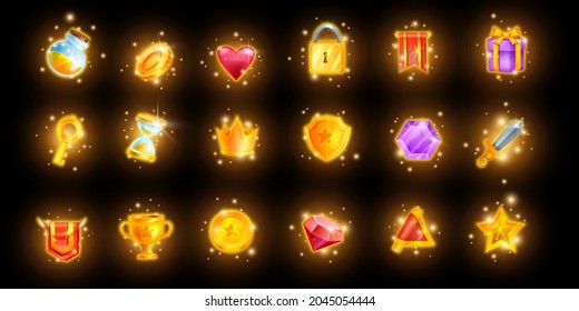 Magic game icon set, mobile casino app UI collection, golden reward trophy kit, glowing crown. Vector treasure assets, inventory objects, spark RPG shield, award crown level up prize. Online game icon