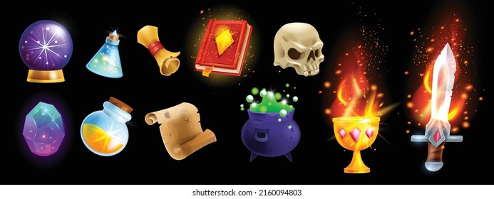 Magic game icon set, vector witch fantasy UI element, iron wizard cauldron, old spell book, potion. Fire sword, witchcraft Halloween skull, golden cup, mystery crystal ball, manuscript. Magic icon kit
