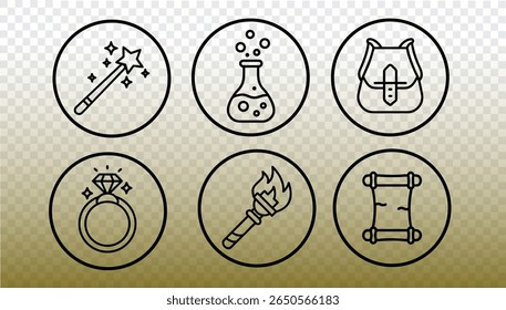 Magic game icons set. Fantasy adventure mystic symbols. RPG games UI UX mobile app design. Line art transparent background vector