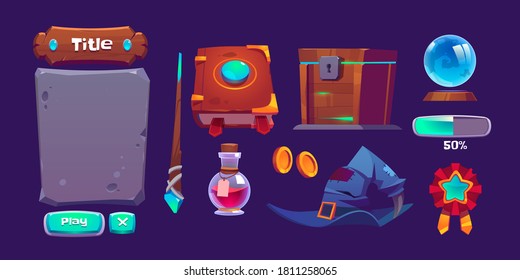 Magic Game Interface With Book Of Spell, Magic Wand And Bottle With Potion. Vector Cartoon Set Of Gui Elements For Game About Witchcraft With Experience Bar, Buttons, Wizard Hat And Treasure Chest