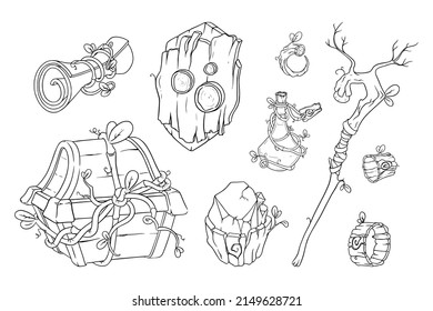 Magic game items with wand, chest, potion and other props. Sketch of druid game objects. Vector illustration isolated in white background