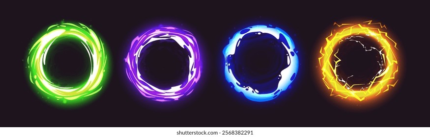 Magic game portals set isolated on black. Vector cartoon illustration of fantasy neon color circle frame, round door to fantasy world, space or time dimension for game ui design, shining teleport