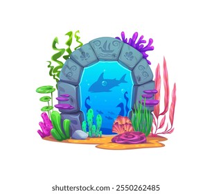 Portal subaquático de jogo mágico, feito de pedras do mar com runas gravadas, gavinhas de coral e algas marinhas entinam porta arqueada. Portal místico de vetor de desenhos animados convida a explorar reinos aquáticos ocultos