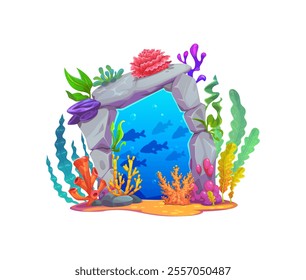 Magic game underwater sea portal, stone gate and door. Cartoon vector mystical doorway invites for adventure to unveil hidden realms and treasures on ocean depths and unlock secrets beneath the waves