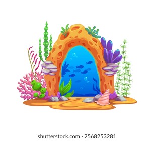 Magic game underwater sea portal, stone gate and door. Cartoon vector orange coral archway frame surrounded by sea plants, shells and tropical corals, showcasing fish silhouettes in the background