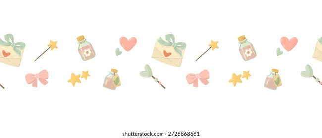 Acessórios de jardim mágicos borda perfeita com garrafas de poção, letras, estrelas e corações.
