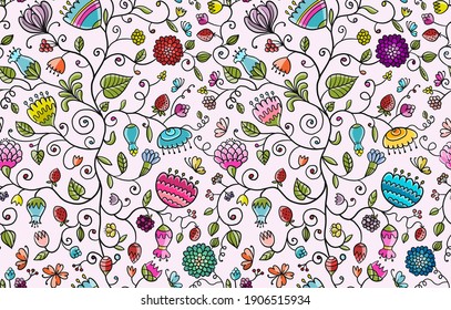 Magic Garden Background. Seamless Pattern for your design. Vector illustration
